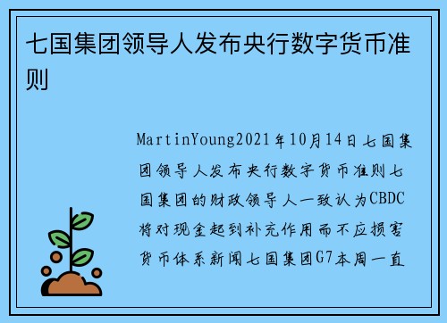 七国集团领导人发布央行数字货币准则 